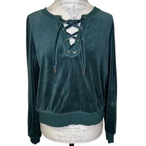 Betsey Johnson Performance Long Sleeve Velour Sweatshirt Top Hunter Green Large